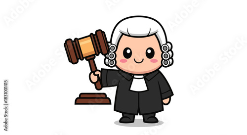 Adorable cartoon judge character with gavel isolated on white background for illustration