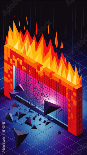 Cybersecurity firewall breach concept with burning data wall and geometric cyber attack on dark digital network background