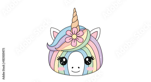 Adorable cartoon unicorn character with pastel rainbow mane and floral accent, isolated on white