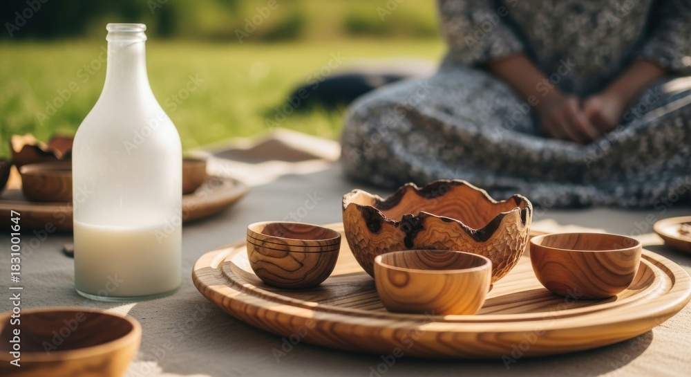Fototapeta premium Rustic wooden bowls and milk bottle outdoors