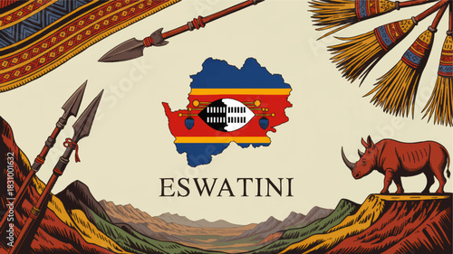 Eswatini travel illustration with national map flag, African landscape, traditional spears, shields, rhino and ethnic decorative patterns