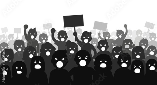 Aggressive crowd protesting with signs, expressing outrage through vocal shouting and discontent