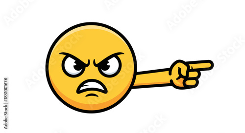 Aggressive emoji pointing direction, furious expression, demanding accountability cartoon style