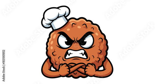 Animated meatball chef character expressing fierce anger and frustration at his work