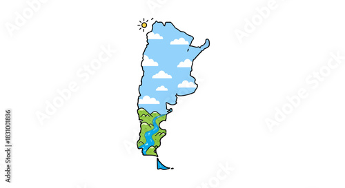 Argentina illustrated map representing scenic landscapes, climate and weather elements within its