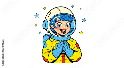 Awestruck girl in spacesuit, sparkling stars, cosmic wonder and boundless imagination