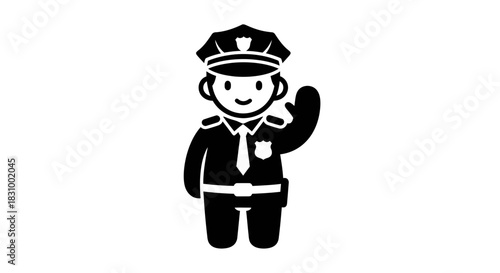 Black and white graphic of an officer icon waving with a friendly demeanor offering support