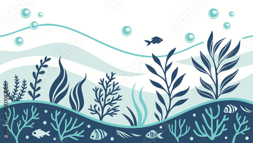 Explore the stunning underwater world with vibrant fish swimming among lush plants and sparkling bubbles, perfect for kids' educational materials or nautical designs