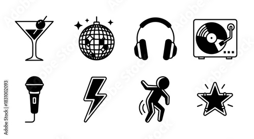 Black and white vector icons set for party concept representing fun and entertainment