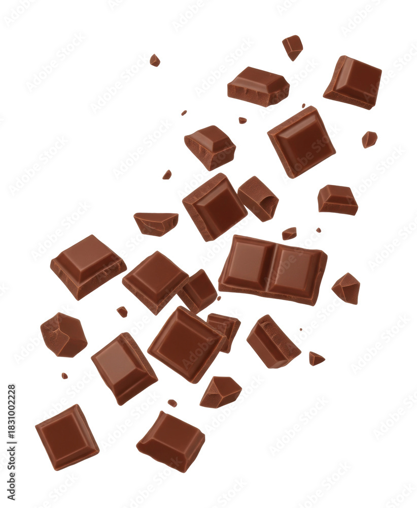 Fototapeta premium Chocolate chunks falling kitchen food bright lighting