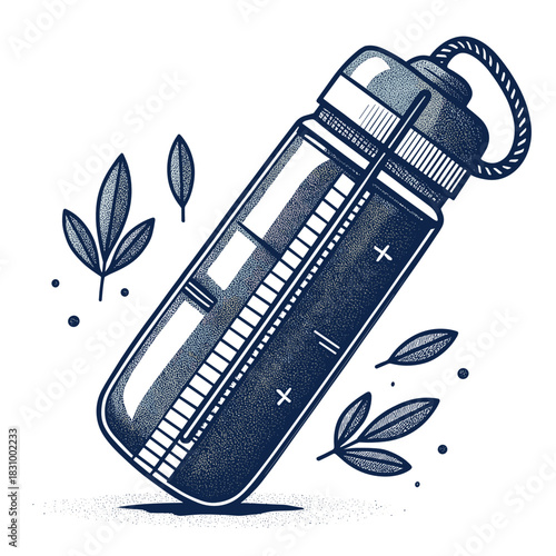 Water tracker bottle with measuring scale and leaves in background  