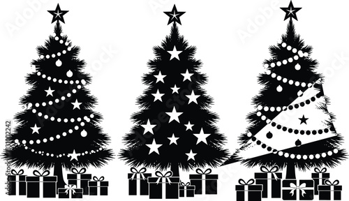 Christmas tree silhouette, festive ornament design, holiday gift box vector, seasonal decoration graphic, black illustration, winter celebration icon set