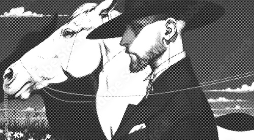 Contemporary Cowboy with Horse, Modern Western Art Illustration, Minimalist Black White Concept, Stylish Fashion Clipart