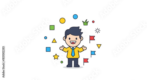 Cartoon businessman surrounded by geometric shapes radiating positivity and joyfulness