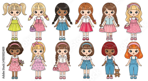 Cartoon diverse dolls illustration with various hairstyles and colorful outfits perfect for