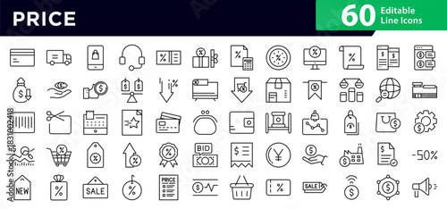 Price Line Icon Set. Price tag, discount, sale, cost, currency, billing, invoice, payment, shopping, e-commerce, money, wallet, finance, offer, promotion icons vector illustration. Editable stroke