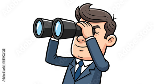 Cartoon executive looking ahead with binoculars symbolizing vision and strategy