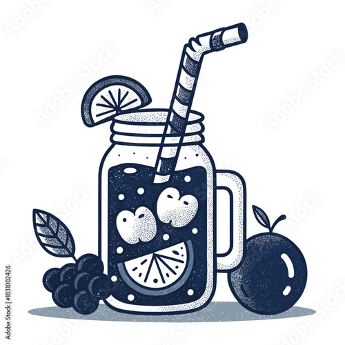 Mason jar fruit smoothie with straw and citrus fruits design  