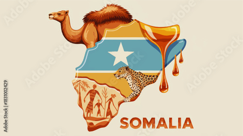 Somalia map illustration with flag colors, camel, leopard and honey, African wildlife tourism and cultural heritage art