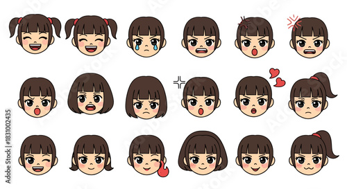 Cartoon girl face emotional expressions vector illustration for graphic design and animation