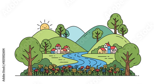 Cartoon landscape illustration with rolling hills, river, houses, trees and flower garden