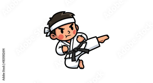 Cartoon martial artist with determination delivering powerful kick in white studio