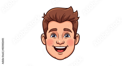 Cartoon portrait of a cheerful young man with brown hair expressing happiness for various design