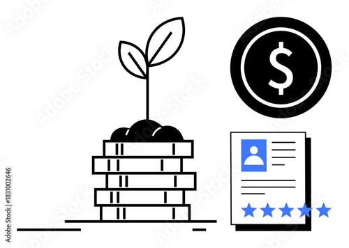 Stacked coins with a sprouting plant signifying growth, dollar symbol representing wealth, and rating profile document. Ideal for finance, investment, economy, growth, success, entrepreneurship