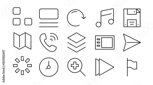 General Interface Line Icon Set. UI, UX, buttons, menus, navigation, settings, controls, toggles, layout, dashboard, web, app, digital interface icons vector illustration. Pixel-perfect stroke