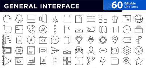 General Interface line icon set. UI, UX, buttons, menus, navigation, settings, controls, toggles, web, app, digital interface vector icons. Editable pixel-perfect stroke