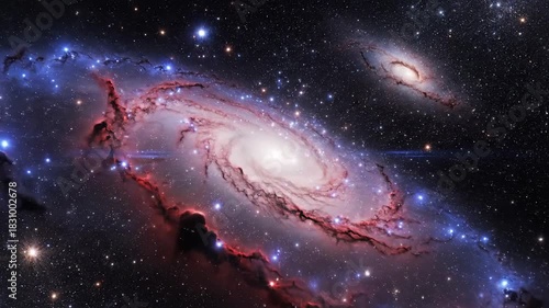 Swirling galaxy in deep space, stars, cosmic dust, and nebula glows in blue, red, and white light