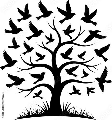 tree with birds flying silhouette vector illustration