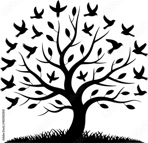 tree with birds flying silhouette vector illustration