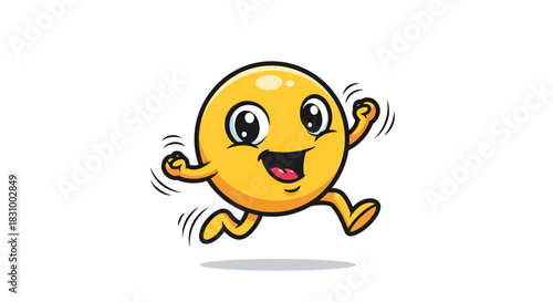 Cartoonish joyful yellow emoji sprinting with spirited enthusiasm across the blank space