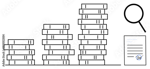 Stacks of books symbolize knowledge and study, paired with a signed document and magnifying glass for review. Ideal for education, research, legal analysis, documentation, learning, academic work