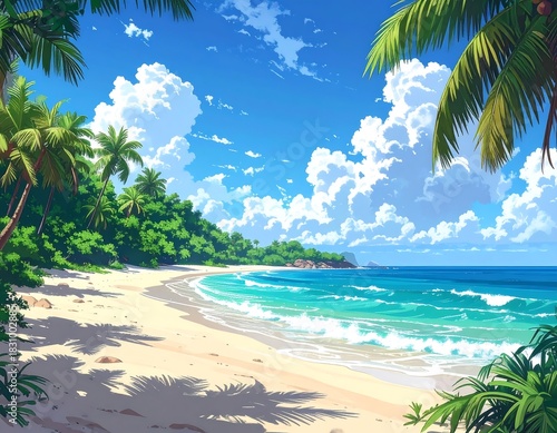Fototapeta Naklejka Na Ścianę i Meble -  Cartoon tropical beach with turquoise water, palm trees, white sand under a blue sky and puffy clouds