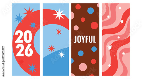 Celebrate the upcoming year with these vibrant and festive 2026 new year designs, featuring joyful typography, playful polka dots, and wavy patterns in a lively color palette of red, blue, and brown