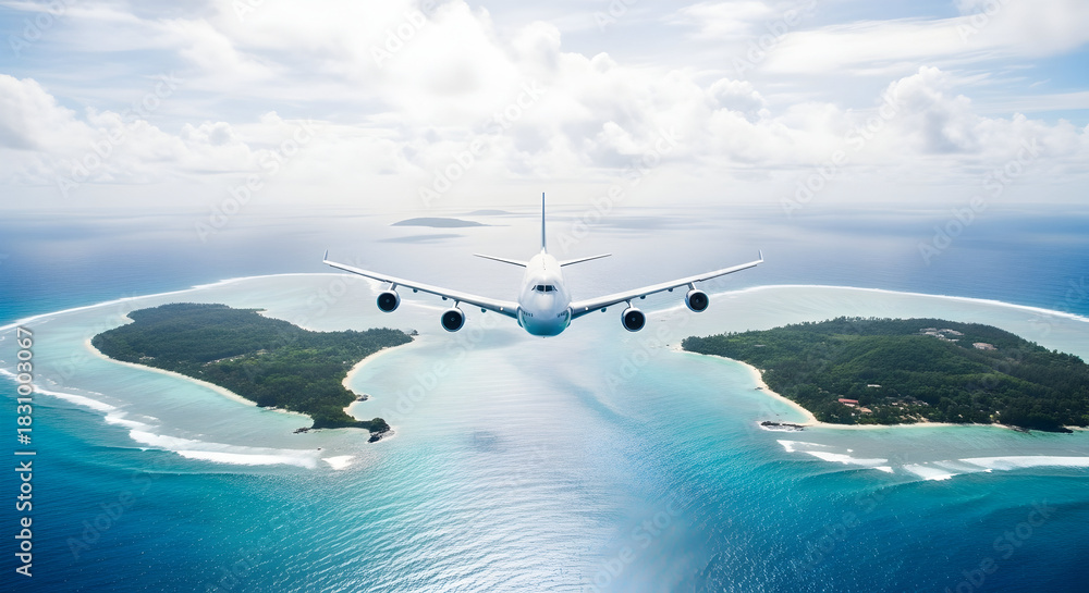 Naklejka premium Aerial Adventure a Passenger Airplane Flies Above Tropical Islands Offering Stunning Views Ecotourism is Booming as Planes Deliver Tourist to this Island Paradise