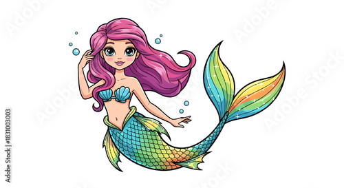 Charming cartoon mermaid with vibrant pink hair and sparkling rainbow tail isolated