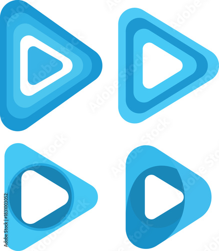 Four blue play button icons with layered effect media video