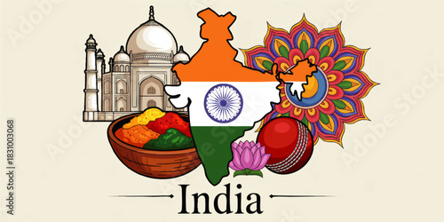 Colorful India culture illustration with map flag Taj Mahal Diwali rangoli lotus cricket ball traditional food bowl travel background