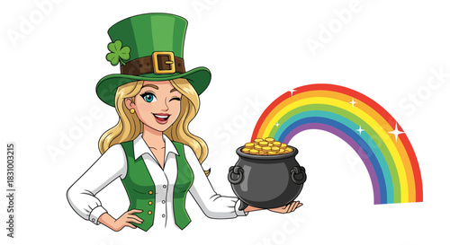 Charming Leprechaun Girl Cartoon Character Holding Pot of Gold with Rainbow Backdrop