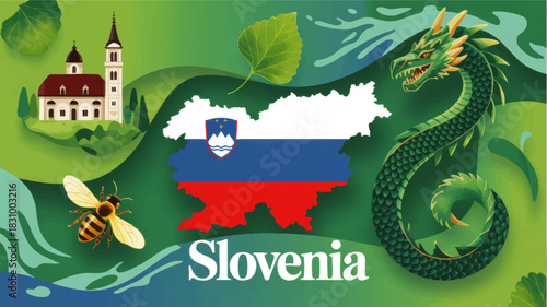 Slovenia travel illustration with national flag map, Ljubljana dragon, bee, church landscape and nature tourism concept on green background