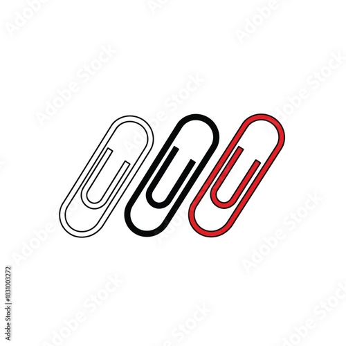 Three colorful paperclips isolated on white background, symbolizing organization, stationery, and office supplies.
