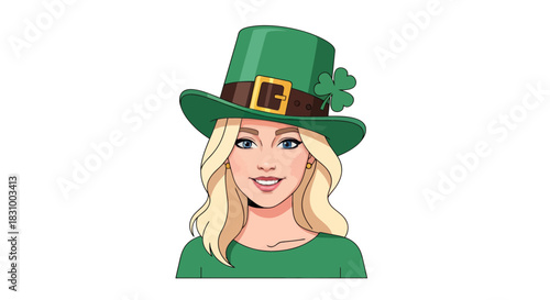 Charming woman adorned with green hat and shamrock emblem celebrates Saint Patrick's Day