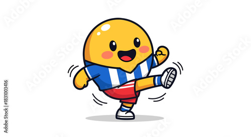 Cheerful cartoon character joyfully kicking in a playful soccer stance full of youthful energy