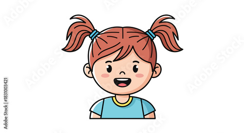 Cheerful cartoon girl with auburn pigtails expressing youthful exuberance and happiness in simple