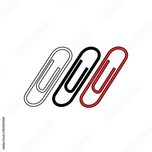 Three paperclips in a row, one outlined, one black, and one red, isolated on white background.