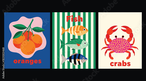 Colorful illustrated food and animal panels featuring oranges, fish, and crabs with stylized backgrounds and bold typography, ideal for educational, decorative, or culinary-themed creative projects.