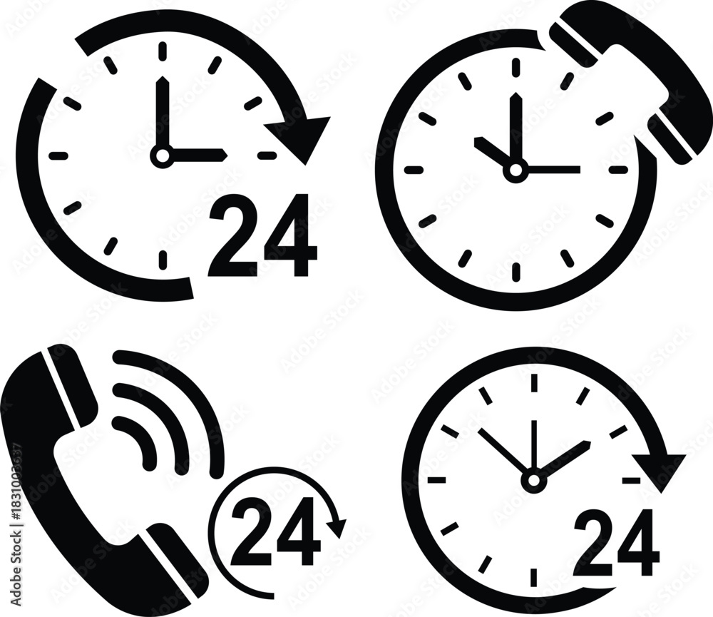 Fototapeta premium Four black icons showing 24 hour service with clocks and phone receivers time telephone